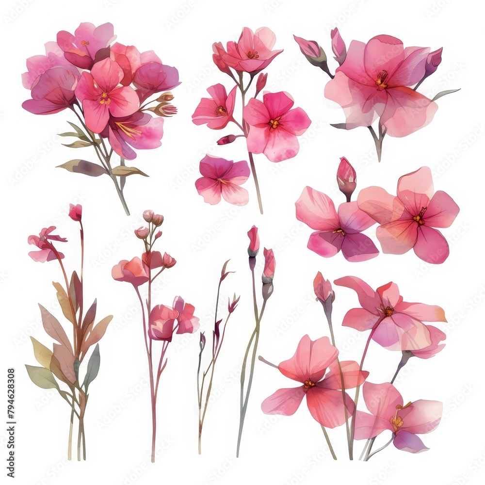Watercolor painted gloxinias, a serene collection of spring flowers, vivid and detailed, isolated on white --ar 1:1 --niji 6 Job ID: e6c427bb-2a33-45cb-97e0-20627908c2d0