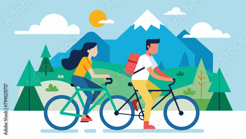 young couple riding a cycling traveling cartoon vector illustration