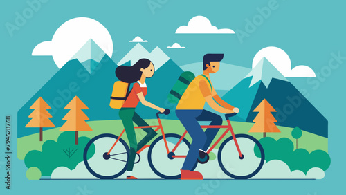 young couple riding a cycling traveling vector illustration