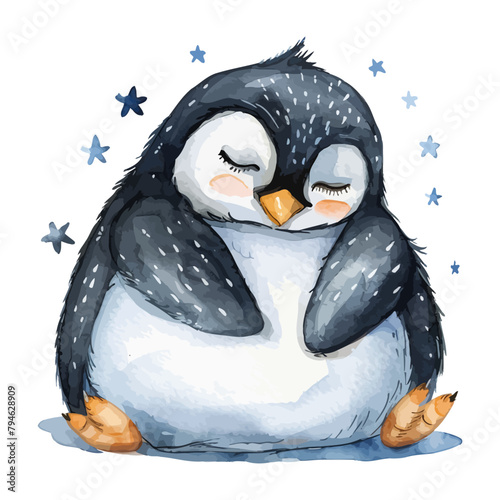 cute penguin cartoon sleeping in watercolor painting style