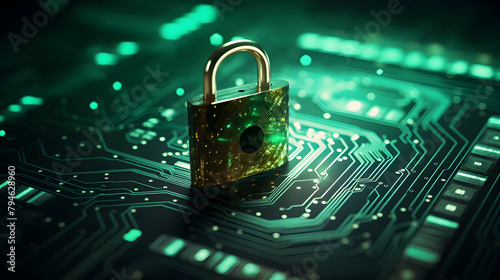 A cybersecurity concept with a padlock and digital elements,