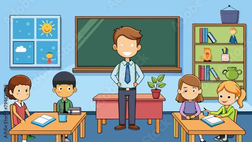 a teacher with pupils in primary school vector illustration