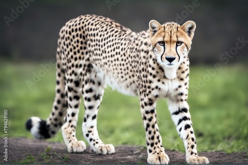 'cheetah old months 18 jubatus standing acinonyx felino adorable animal themes big cat creature cut-out cute full-length indoor isolated on white mammal no people one portrait half face species spot' photo