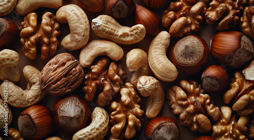 The background is composed of various nuts, including cashews and walnuts. 