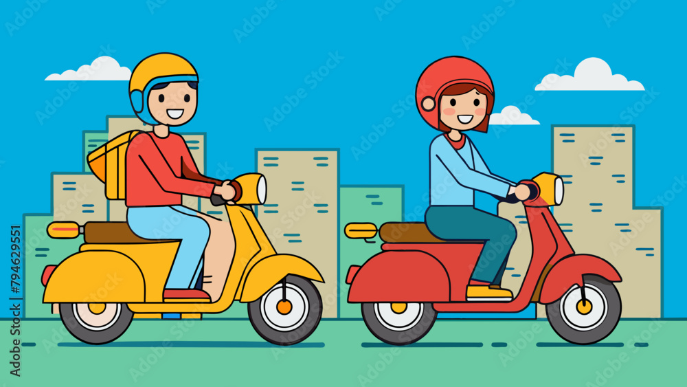 2 people are riding scooter vector illustration