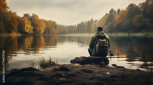 A fisherman enjoying a serene lakeside moment
