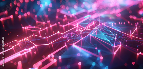 Neon circuits in a low poly world, visualizing the invisible paths of futuristic digital signals