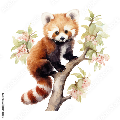 Cute red panda cartoon in watercolor painting style