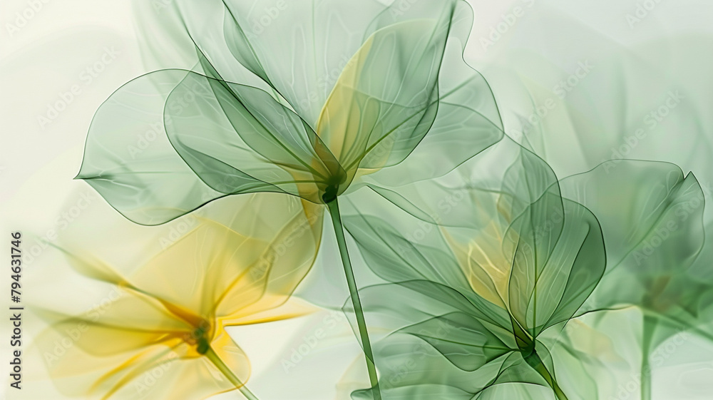 Soft, muted layers of translucent verdant green and sprout yellow, gently overlapping in a minimalist design that suggests the fresh, hopeful start of new life in spring