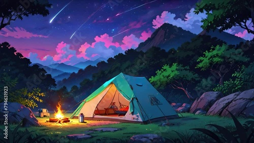 Mountain campsite scene at twilight, featuring a flickering bonfire, a pitched tent, and a majestic mountain range in the background, rendered in a charming cartoon style. photo