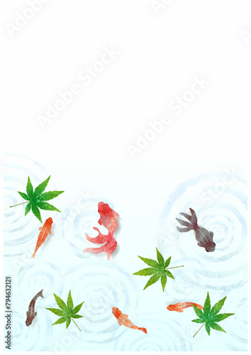 金魚と青もみじの夏らしい涼しげな水彩フレーム