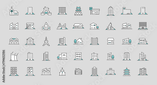 色々な建物のラインアイコン45点セット