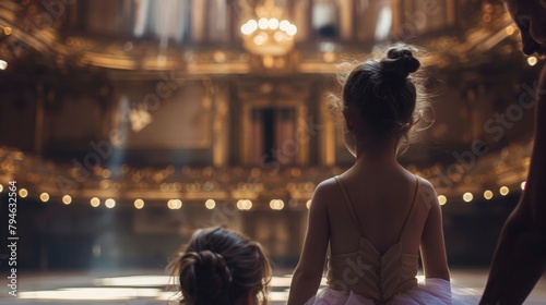 A young girl in a tutu stands on toes back to the camera as ballet instructor corrects form the grand stage serving . .