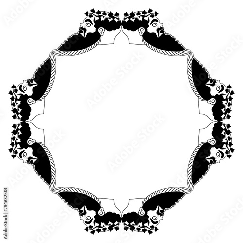 Geometrical ethnic frame with heads of a bearded ancient Greek Satyrs wearing ivy wreaths. Vase painting style. Black and white silhouette.