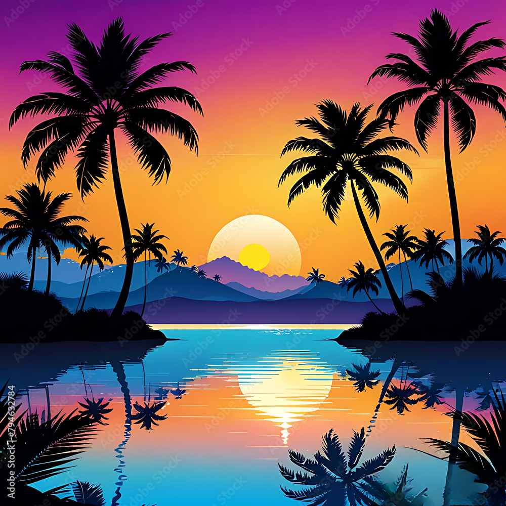 Aerial view of a island with a vibrant Colourful Background surrounded by Palm Tree ,Boat ,White Sand ,Sunset ,Vertical ,Generative AI