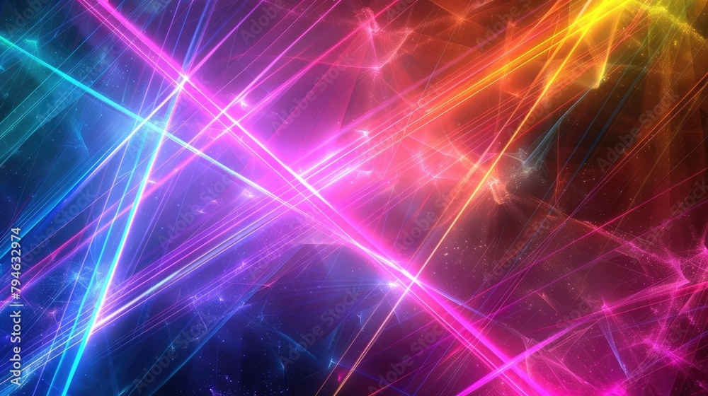 Modern digital abstract background with multicolored neon rays and glowing lines