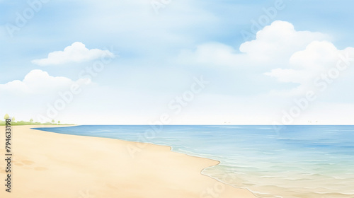 beautiful beach, pristine coastline, cartoon drawing, water color style,