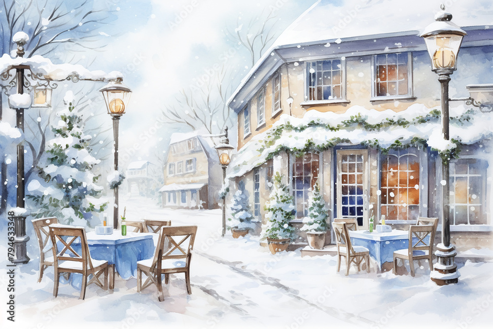 White Cafe, Winter Town Scene: A snowy scene outside a white cafe in a small town, evoking the coziness and quiet of winter days, perfect for seasonal themes and holiday marketing