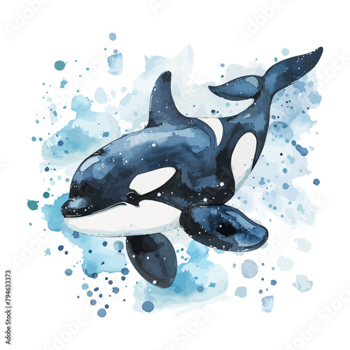 Cute cartoon orca swimming in watercolor painting style