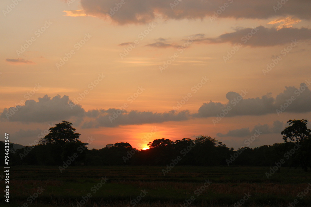 Sunset Sky cloud in the Morning Sunrise with Orange, Yellow Golden Hour Sunrise on Summer season, Horizon Dusk Sky Dramatic Nature Background
