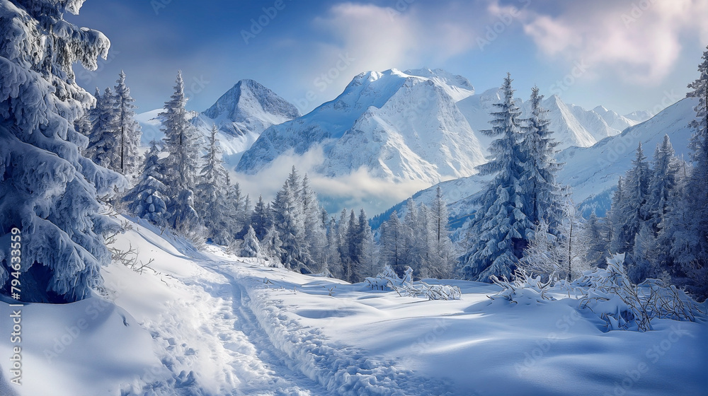 Snowy mountain path in winter forest. Winter mountain landscape with snow covered panoramic image (1)