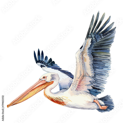cute cartoon pelican flying in watercolor painting style