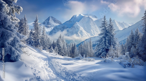 Snowy mountain path in winter forest. Winter mountain landscape with snow covered panoramic image (1) © khozainuz
