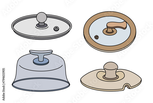 Lids vector icon set. Simple kitchen covers made of stainless steel, iron, ceramics, wood, plastic. Round caps with holes for steam. Tableware for cafes, dining, restaurant. Hand drawn cooking clipart