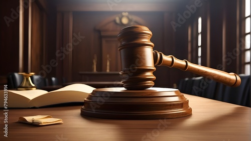 Make a graphic concept that shows a gavel in a courtroom  signifying the power and essence of the law.