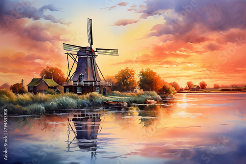Sunset at Zaanse Schans, Netherlands: The golden hour casts a warm glow on a traditional Dutch windmill, creating a perfect backdrop for themes of nostalgia and the beauty of rural Europe