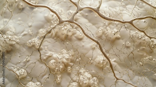 A field of fungal threads spreading across a petri dish their delicate and intricate patterns resembling a complex network of roots