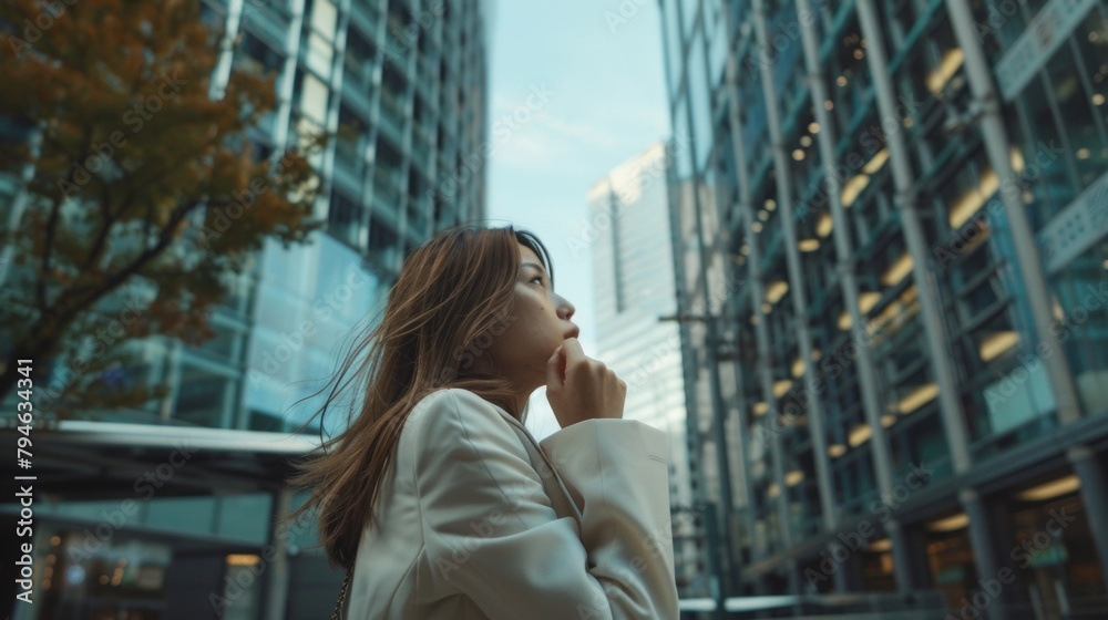 A young woman stands by the entrance of a large building back turned to the camera. looks lost in thought hand resting . . A young woman stands by the entrance of a large building back turned to the camera. looks lost in thought hand resting . .