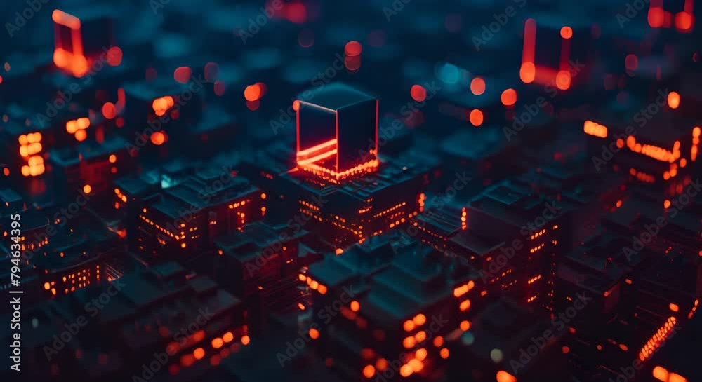 Dynamic representation of a crypto mining farm, illustrating the proof of work concept with glowing blocks, Dynamic representation of a crypto mining farm, illustrating the proof of work concept with glowing blocks,