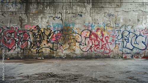 The visual story of a weathered concrete wall, telling tales of time and rebellion through the vibrant language of graffiti tags