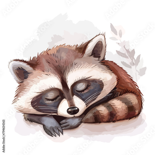 Cute raccoon cartoon sleeping in watercolor style
