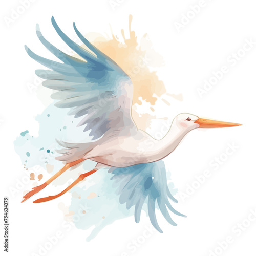 cute cartoon stork flying in watercolor painting style