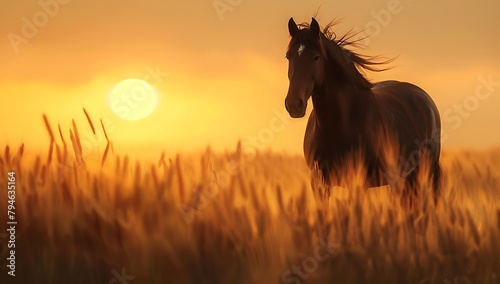 A majestic horse standing tall in the golden sunset  its mane flowing gracefully as it stands on an open field of wheat