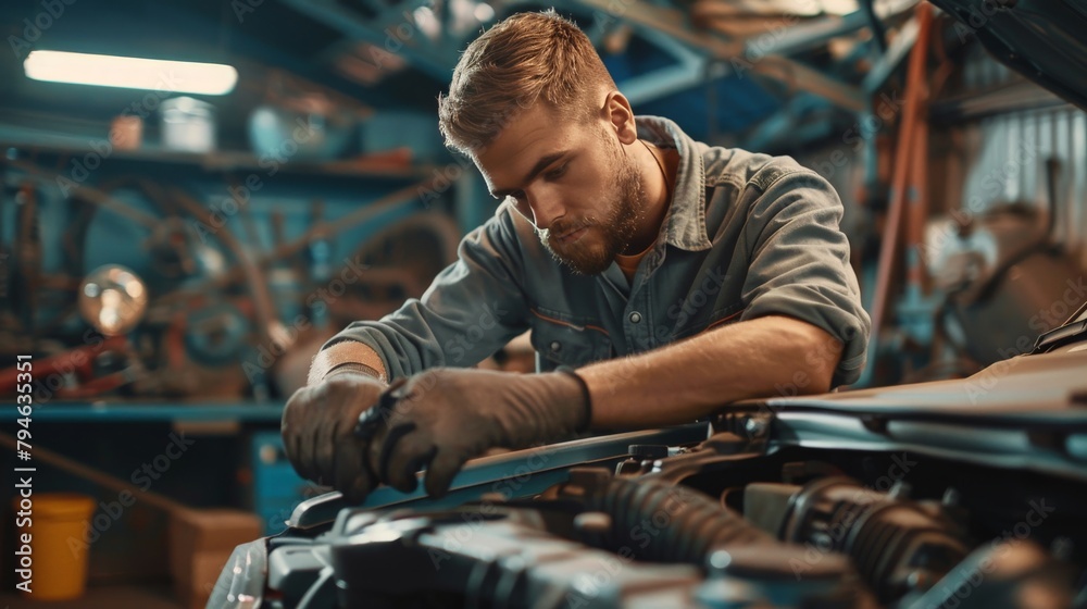 Automotive technician servicing vehicles in repair shop Automotive technician servicing vehicles in repair shop