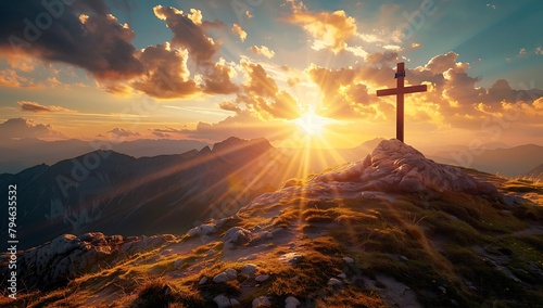 A cross on top of the mountain with beautiful sunlight