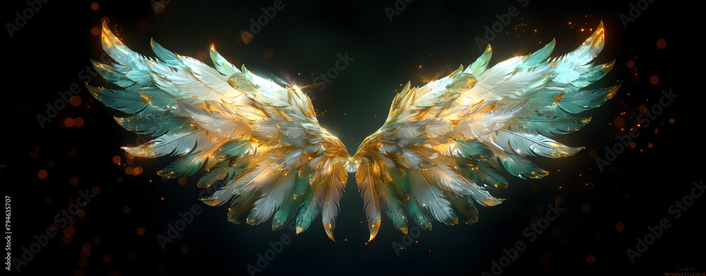 Naklejka premium Angel mythology, mystery: colorful arty spreaded angel wings on black background. A magic inspiration, beautiful mystic wall art, poster, tattoo template etc.