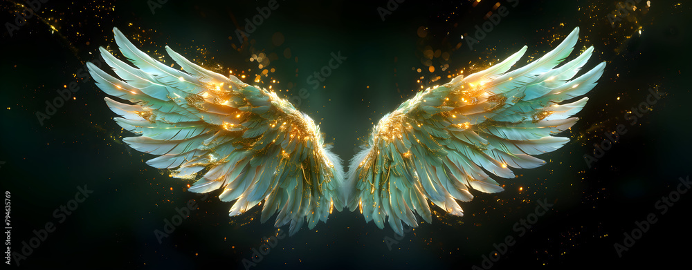 Fototapeta premium Angel mythology, mystery: colorful arty spreaded angel wings on black background. A magic inspiration, beautiful mystic wall art, poster, tattoo template etc.