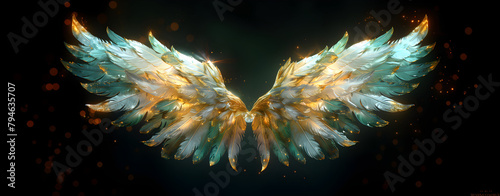 Angel mythology, mystery: colorful arty spreaded angel wings on black background. A magic inspiration, beautiful mystic wall art, poster, tattoo template etc.