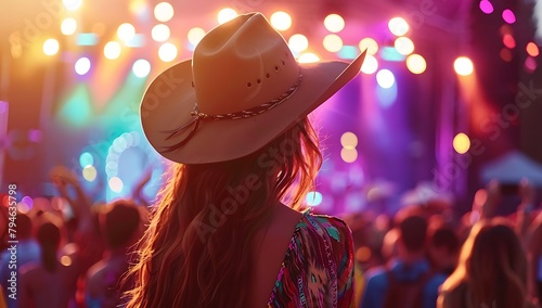  A girl in cowboy hat seen from behind at an outdoor music festival, with colorful lights and stage in the background photo
