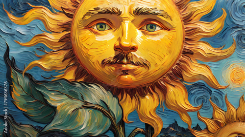 A vibrant oil painting close up of a sun and mon by Vincent van Gogh, trending on Artstation photo
