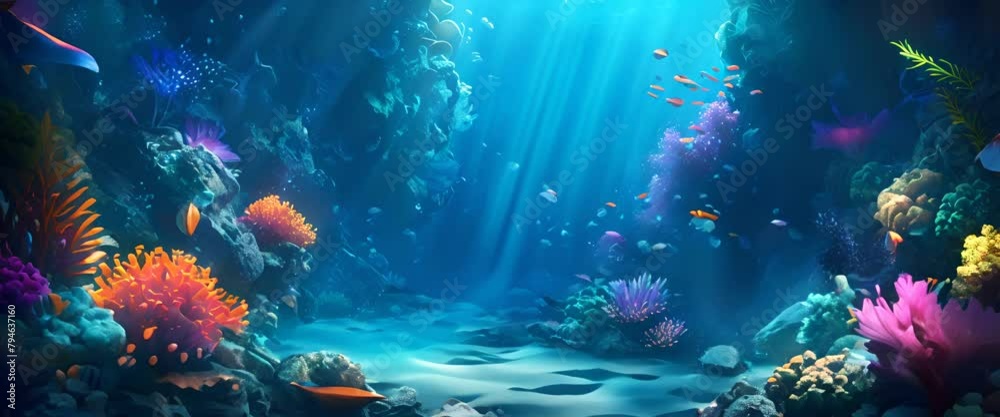 Underwater scene with a dark abyss illuminated by colorful coral and fish