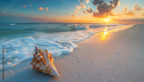 Beautiful beach with conch shell at sunset, white sand and blue water, warm colors