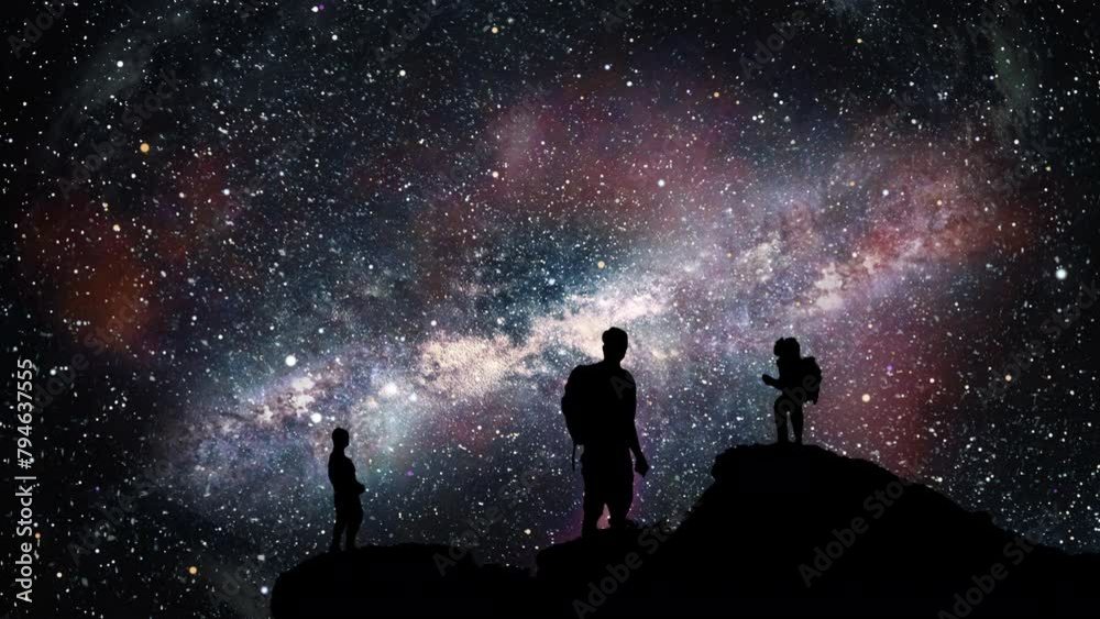 people looking at the night sky with milky way and aurora borealis.