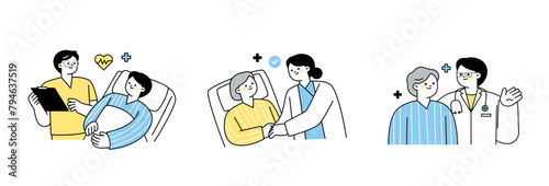 Doctors and nurses are making rounds on inpatients, holding hands and giving friendly explanations. outline simple vector illustration.