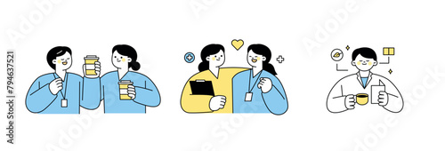 People taking breaks, friendly colleagues, doctors reading thank you letters. outline simple vector illustration.
