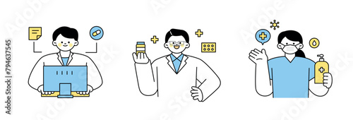 Doctors and nurses writing medical records, explaining prescribed medications, and disinfecting hands. outline simple vector illustration.